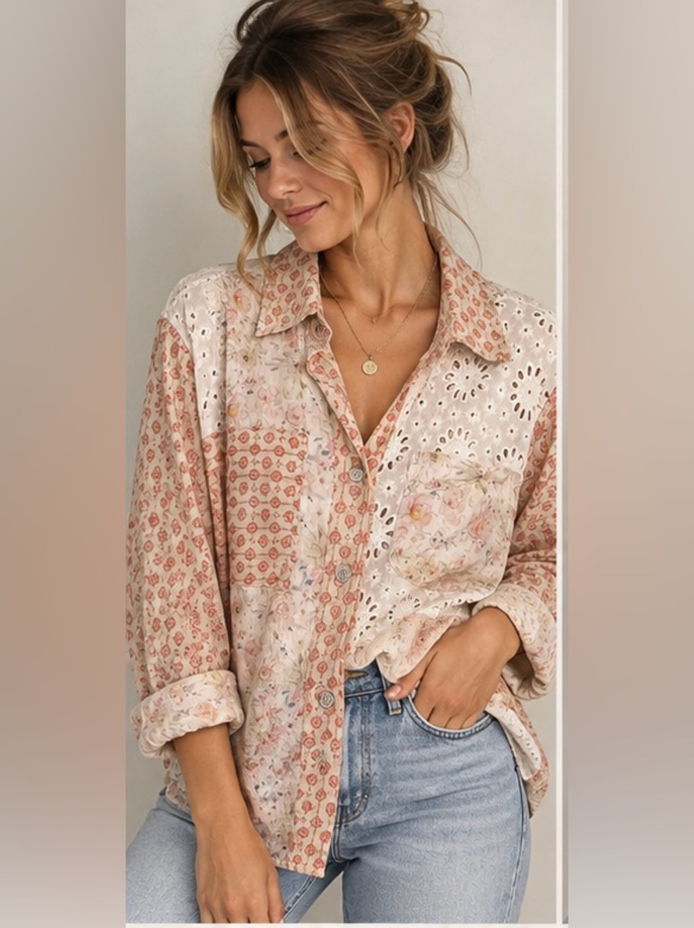 POL Mixed Media Floral Eyelet Patchwork Button-Down Top